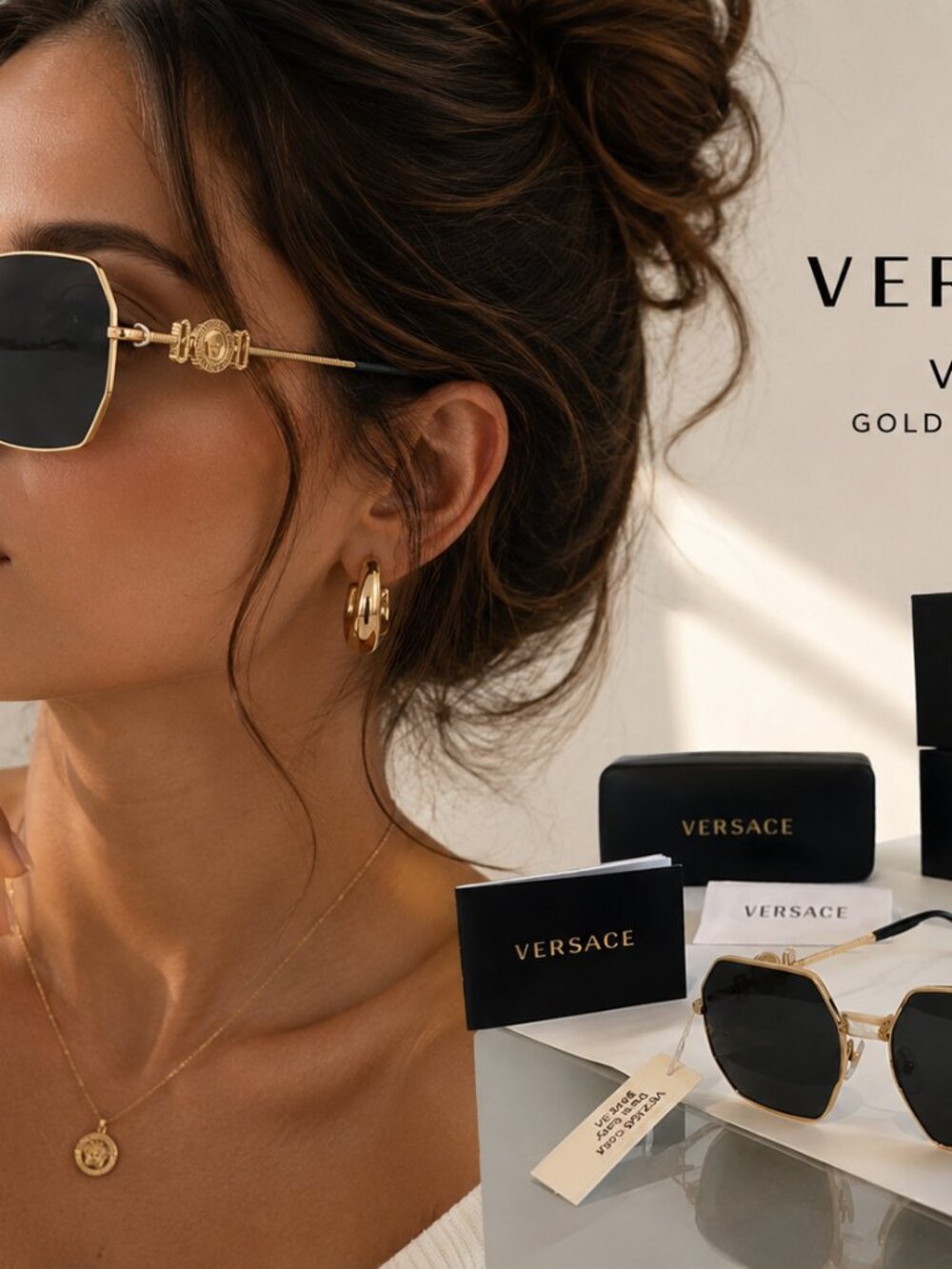 NEW Authentic Versace VE2248 Gold / Dark Grey Sunglasses